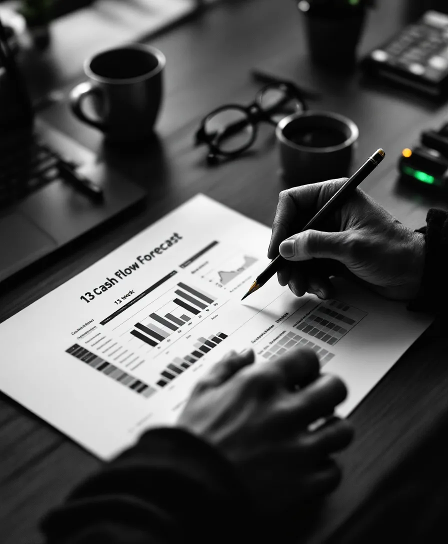 Hands marking up a printed cash-flow forecast on a dark desk